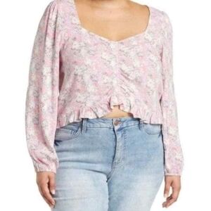 Abound Pink Long Sleeve Cinched Floral Crop Blouse Size L